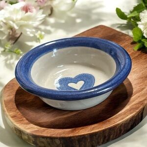 Vintage 1995 Brinkey Pots Blue & White Ceramic Bowl w/ Heart Design Cottage core